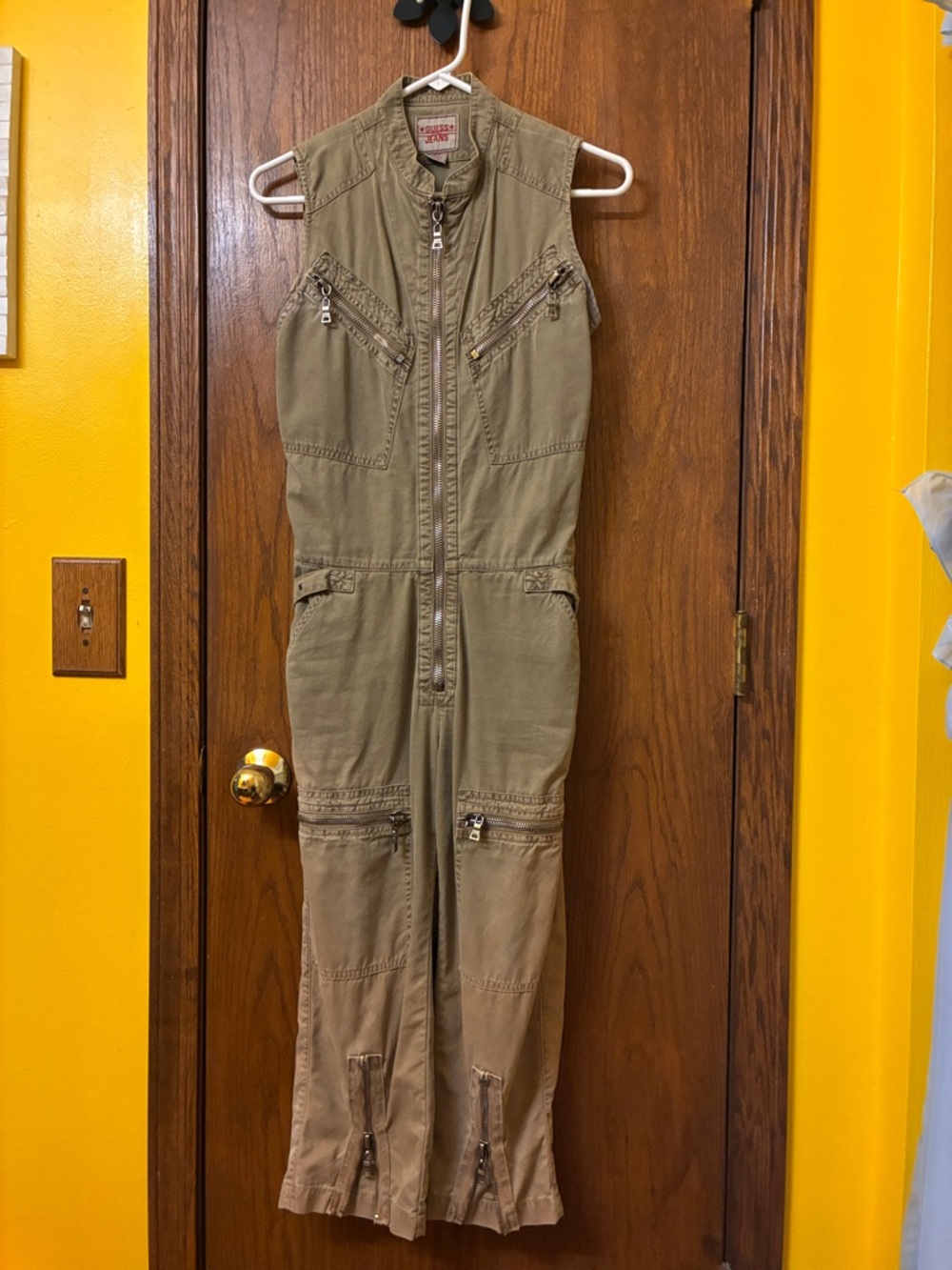 GUESS Olive Sleeveless Zip-Front Utility Jumpsuit